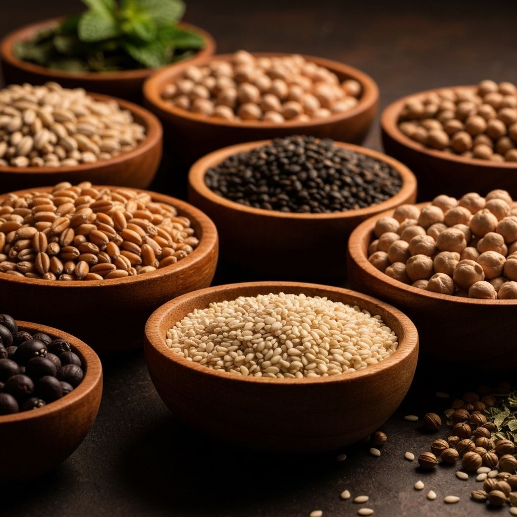 Biji-bijian dan rempah dalam mangkuk kayu kecil di atas meja gelap